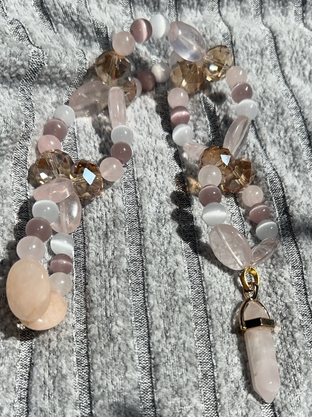 Strawberries, Honey & Cream HangCharm (Rose Quartz, White & Lilac Cat’s Eye)